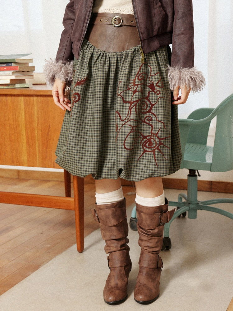 "Tundra Mark" Wave Playful Leather Splicing Flower Bud Flock Print Skirt【s0000014281】
