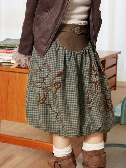 "Tundra Mark" Wave Playful Leather Splicing Flower Bud Flock Print Skirt【s0000014281】