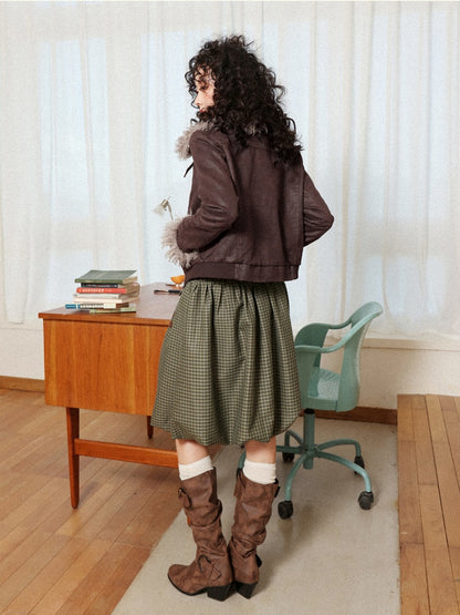 "Tundra Mark" Wave Playful Leather Splicing Flower Bud Flock Print Skirt【s0000014281】