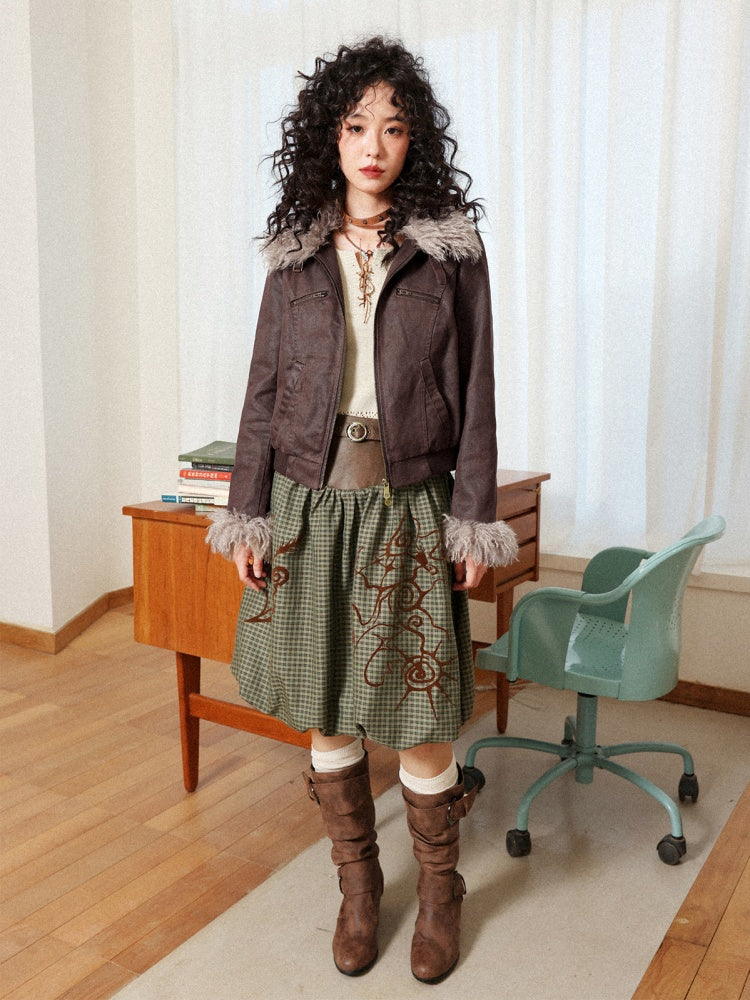 "Tundra Mark" Wave Playful Leather Splicing Flower Bud Flock Print Skirt【s0000014281】