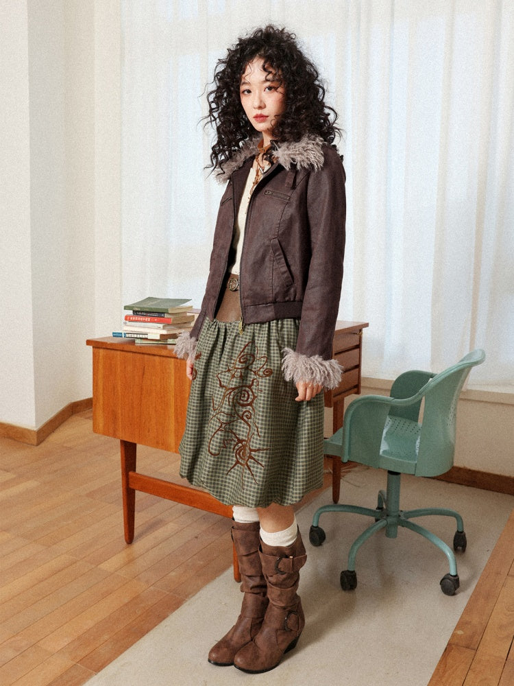 "Tundra Mark" Wave Playful Leather Splicing Flower Bud Flock Print Skirt【s0000014281】