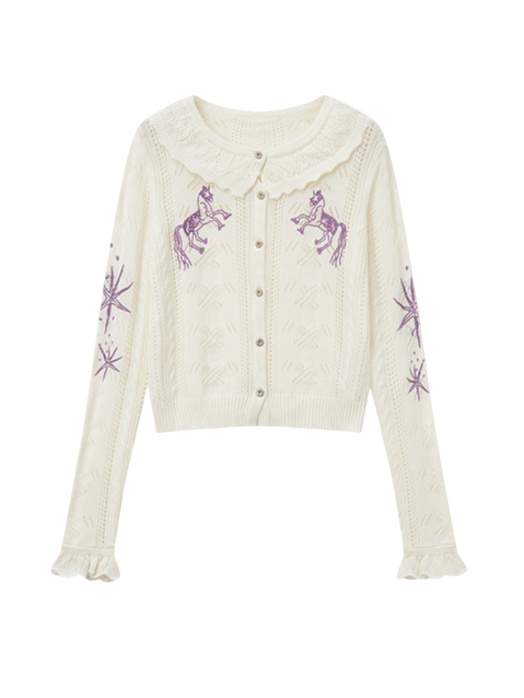 "Romantic Paradox" Retro Ruffle Collar Picked Hole Cardigan【s0000014283】