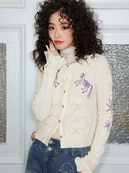 "Romantic Paradox" Retro Ruffle Collar Picked Hole Cardigan【s0000014283】