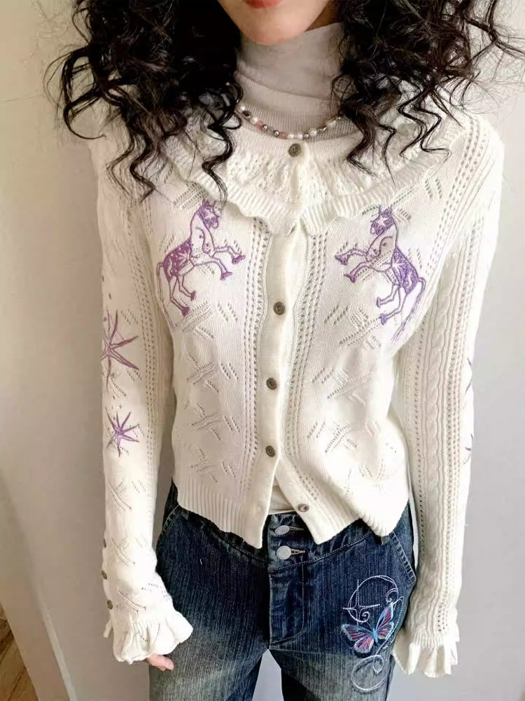 "Romantic Paradox" Retro Ruffle Collar Picked Hole Cardigan【s0000014283】