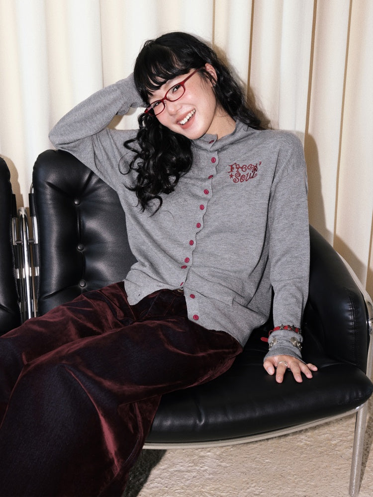 "Echo Of Freedom" Micro High Neck Slim Embroidery Knitted Cardigan【s0000014286】
