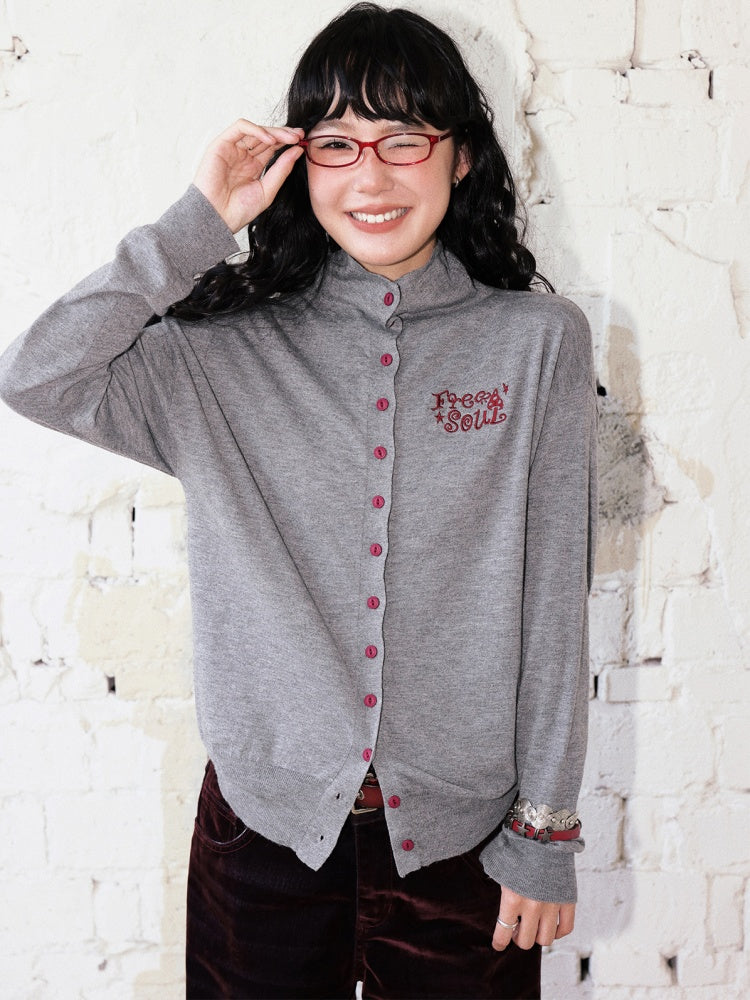 "Echo Of Freedom" Micro High Neck Slim Embroidery Knitted Cardigan【s0000014286】