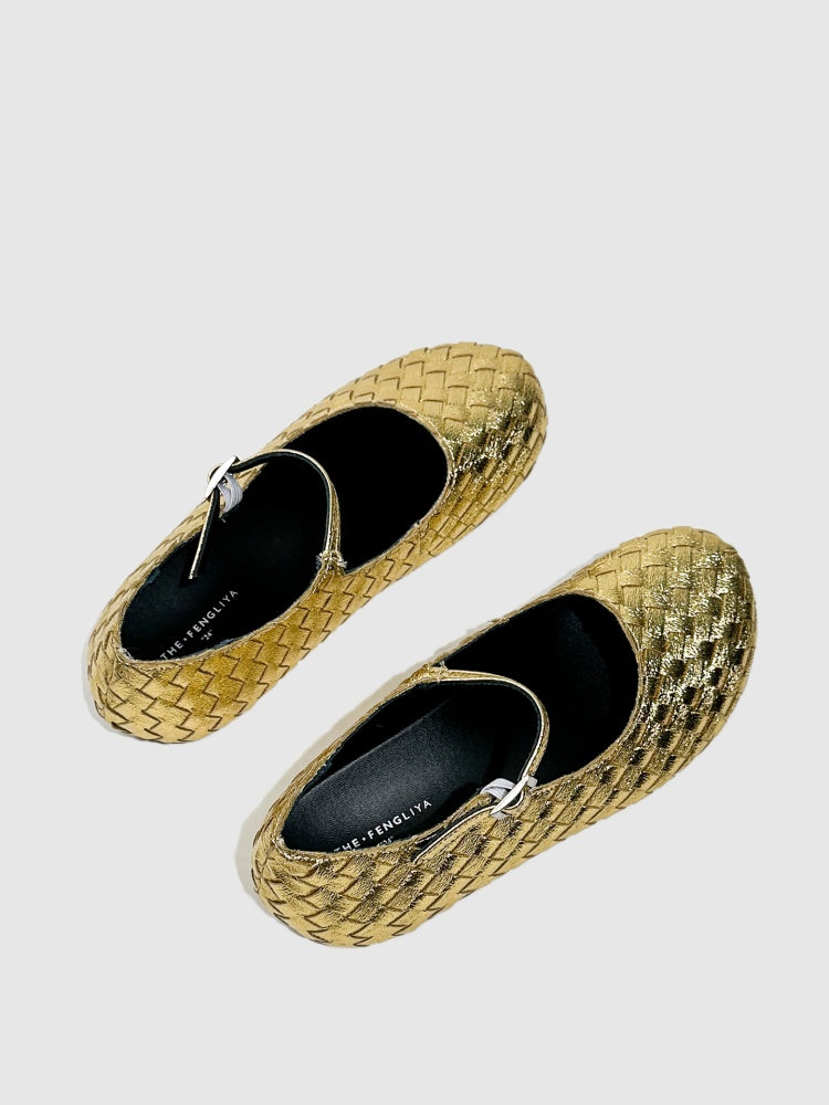 Gold Woven Ballerina Female French Low Heel Gentle Fairy Style Mary Jane Shoes【s0000014303】