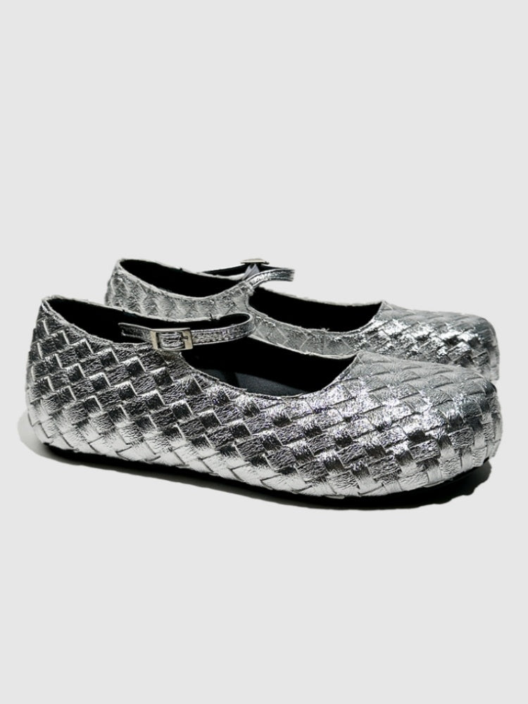 Gold Woven Ballerina Female French Low Heel Gentle Fairy Style Mary Jane Shoes【s0000014303】