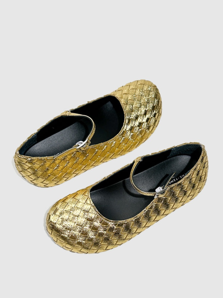 Gold Woven Ballerina Female French Low Heel Gentle Fairy Style Mary Jane Shoes【s0000014303】
