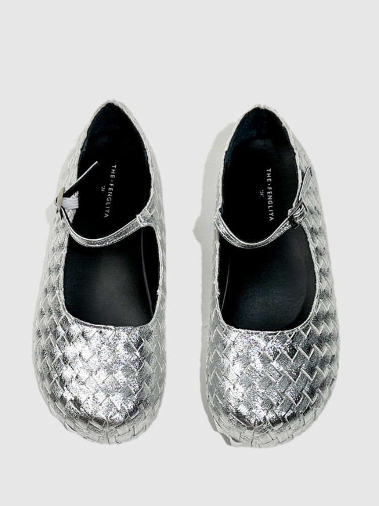 Gold Woven Ballerina Female French Low Heel Gentle Fairy Style Mary Jane Shoes【s0000014303】