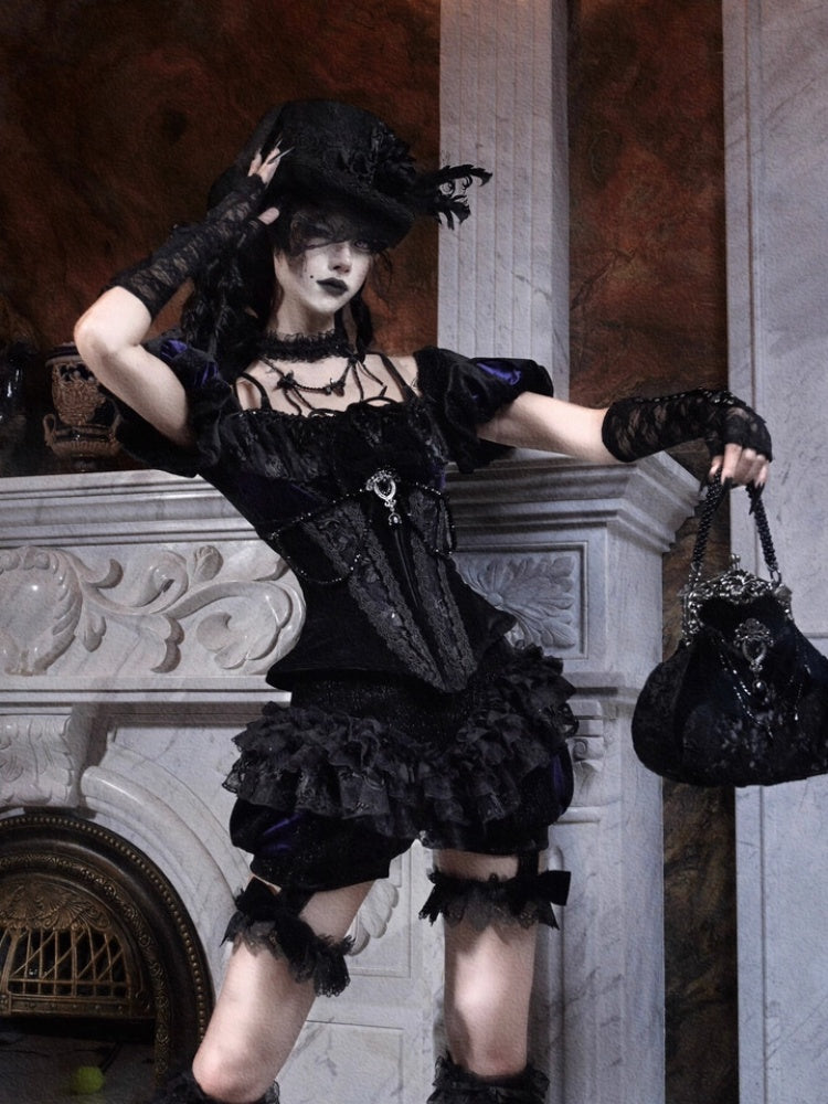 Day Of Mourning Gothic Velvet Lace Culottes Gorgeous Pumpkin Pants Halloween【s0000014311】