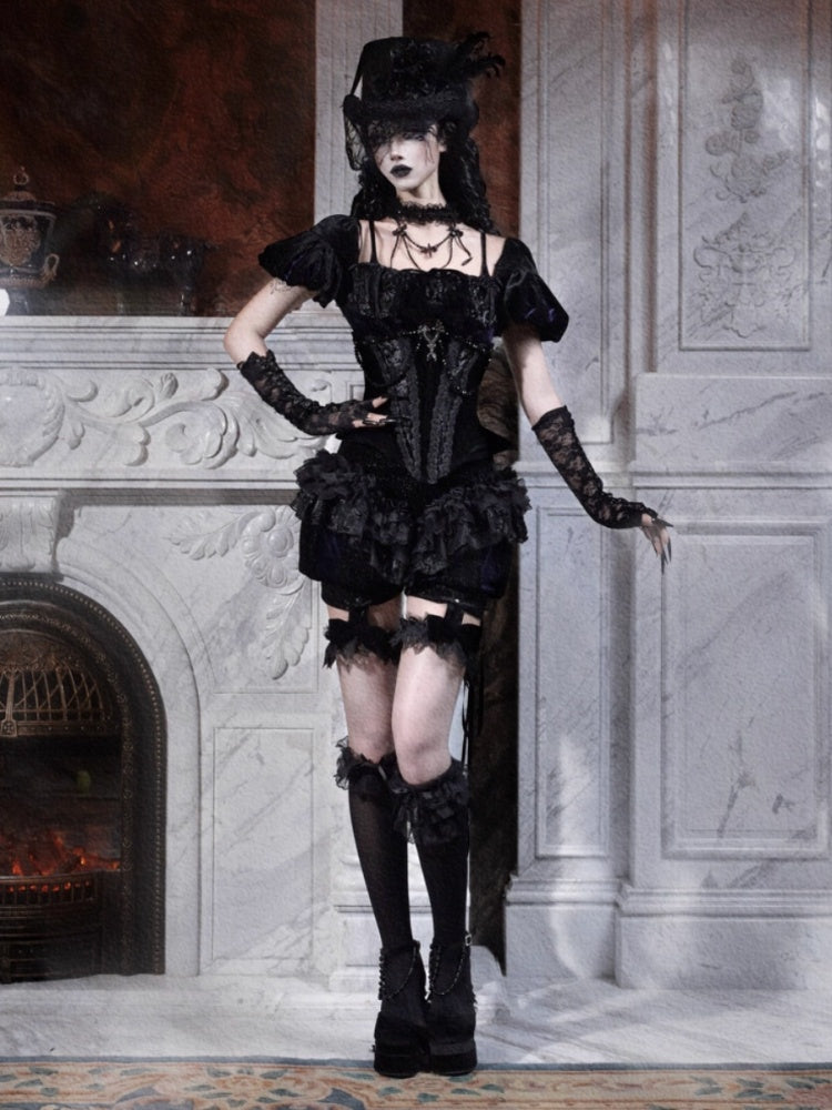 Day Of Mourning Gothic Velvet Lace Culottes Gorgeous Pumpkin Pants Halloween【s0000014311】