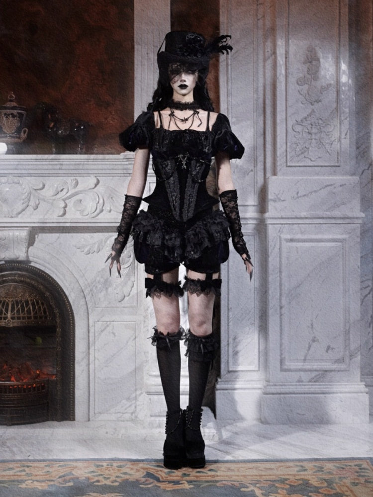 Day Of Mourning Gothic Velvet Lace Culottes Gorgeous Pumpkin Pants Halloween【s0000014311】
