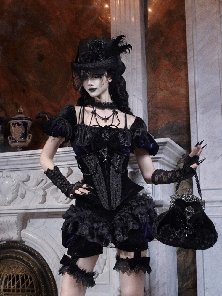 Day Of Mourning Gothic Puff Sleeves Velvet Strap Open Back Slim Top Halloween【s0000014312】