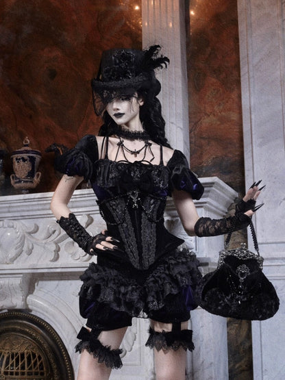Day Of Mourning Gothic Puff Sleeves Velvet Strap Open Back Slim Top Halloween【s0000014312】