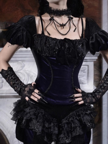 Day Of Mourning Gothic Puff Sleeves Velvet Strap Open Back Slim Top Halloween【s0000014312】