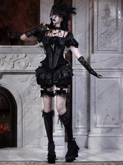 Day Of Mourning Gothic Puff Sleeves Velvet Strap Open Back Slim Top Halloween【s0000014312】