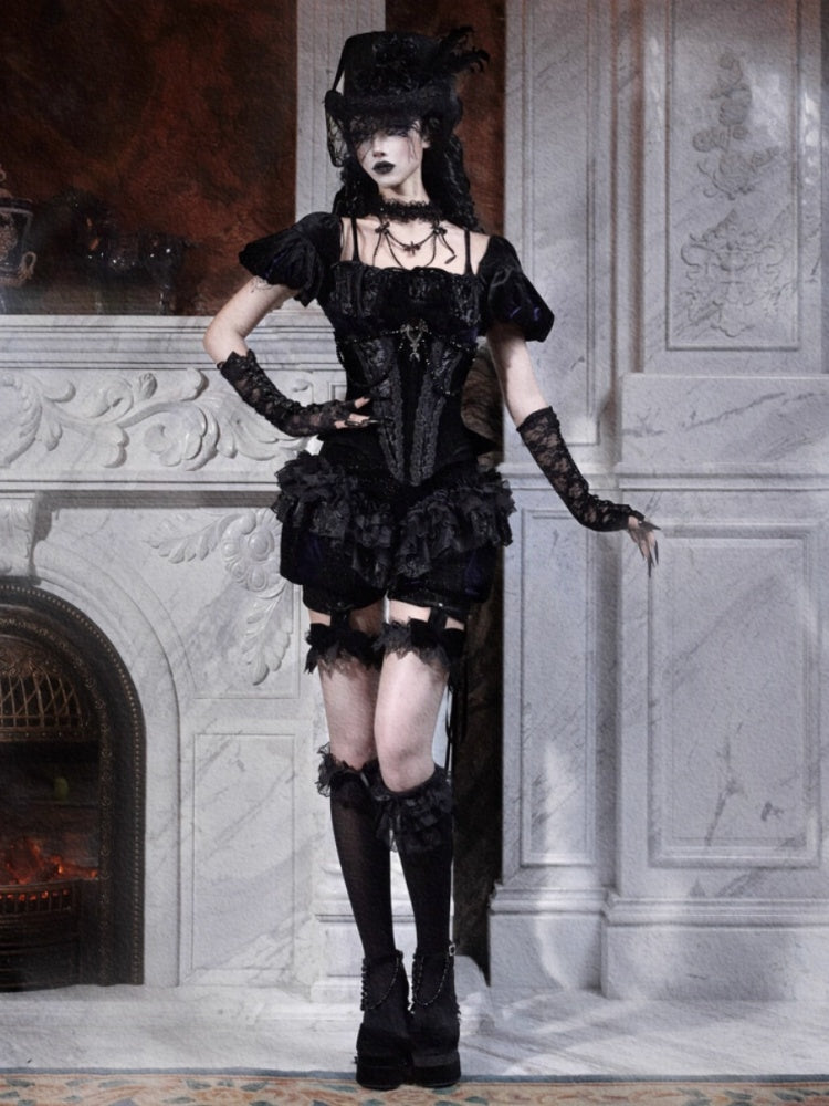 Day Of Mourning Gothic Puff Sleeves Velvet Strap Open Back Slim Top Halloween【s0000014312】