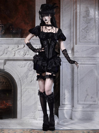 Day Of Mourning Gothic Puff Sleeves Velvet Strap Open Back Slim Top Halloween【s0000014312】