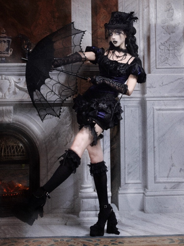 Day Of Mourning Gothic Puff Sleeves Velvet Strap Open Back Slim Top Halloween【s0000014312】