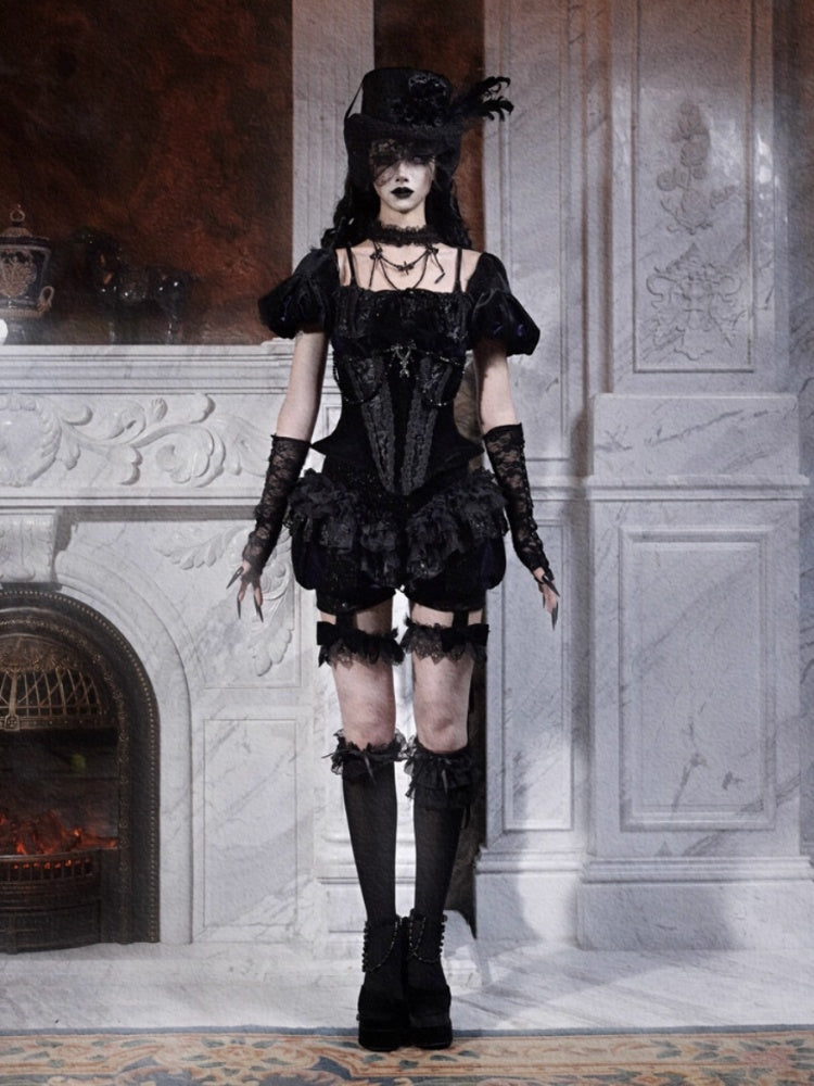 Day Of Mourning Gothic Puff Sleeves Velvet Strap Open Back Slim Top Halloween【s0000014312】
