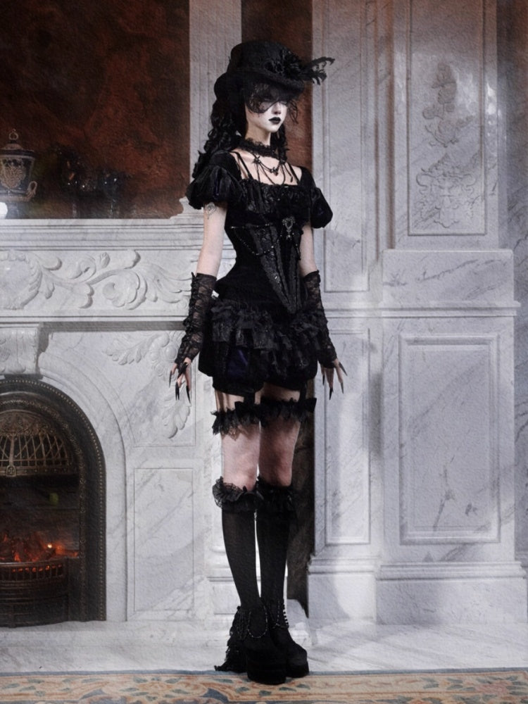 Day Of Mourning Gothic Puff Sleeves Velvet Strap Open Back Slim Top Halloween【s0000014312】