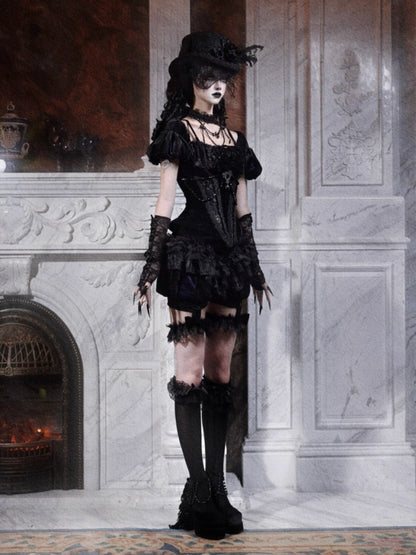 Day Of Mourning Gothic Puff Sleeves Velvet Strap Open Back Slim Top Halloween【s0000014312】