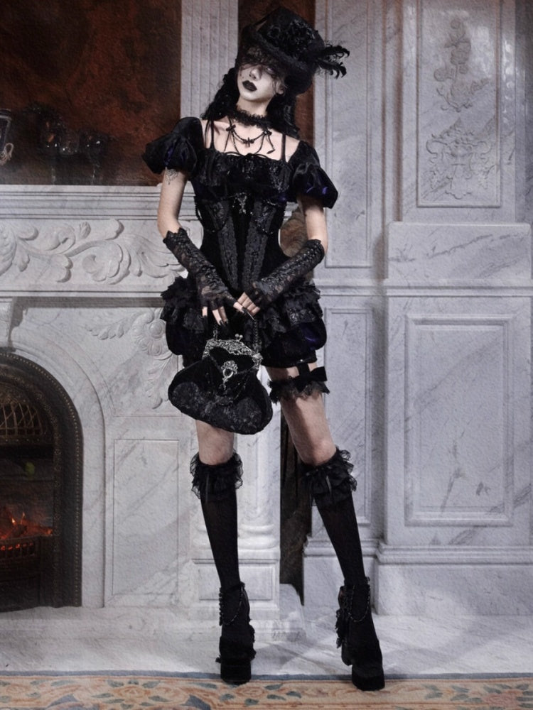 Day Of Mourning Gothic Puff Sleeves Velvet Strap Open Back Slim Top Halloween【s0000014312】