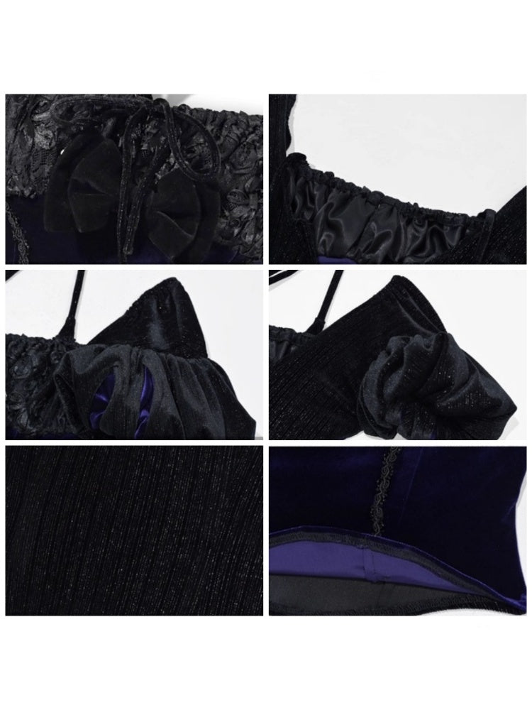 Day Of Mourning Gothic Puff Sleeves Velvet Strap Open Back Slim Top Halloween【s0000014312】