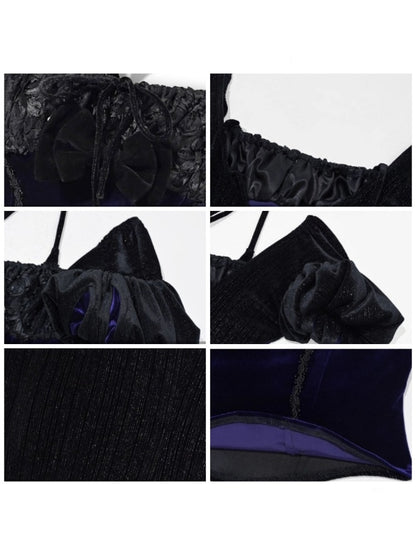 Day Of Mourning Gothic Puff Sleeves Velvet Strap Open Back Slim Top Halloween【s0000014312】