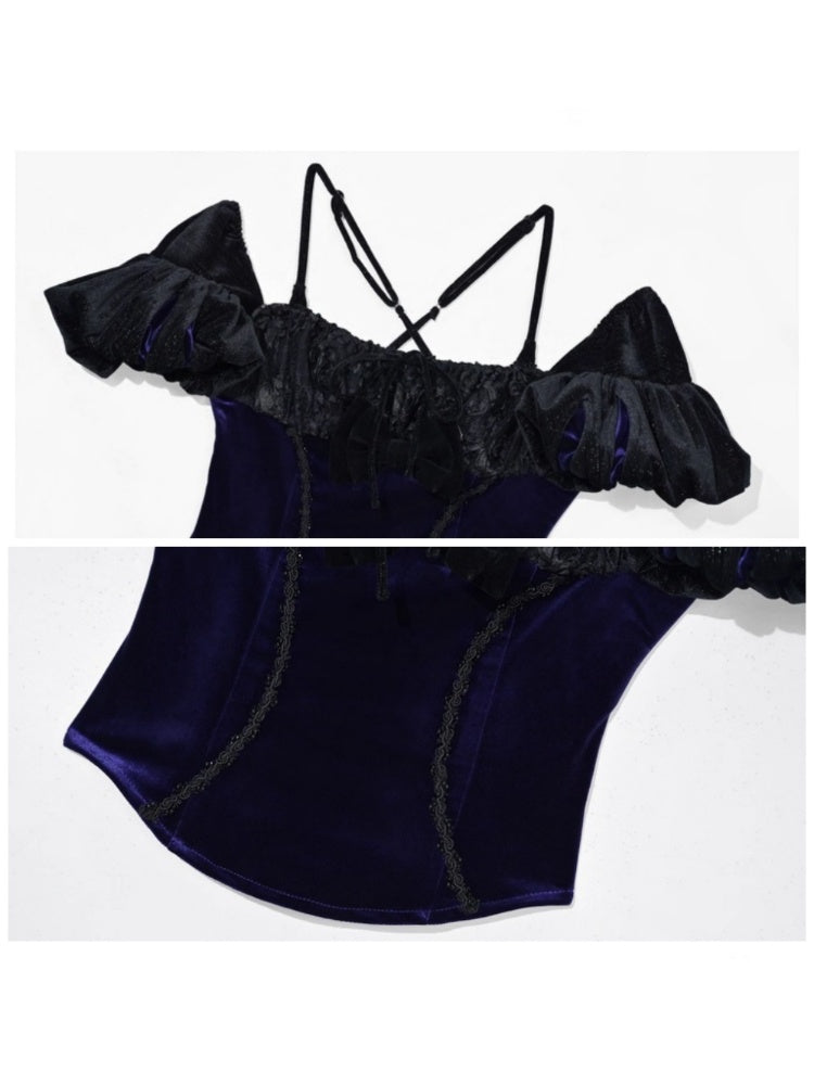 Day Of Mourning Gothic Puff Sleeves Velvet Strap Open Back Slim Top Halloween【s0000014312】