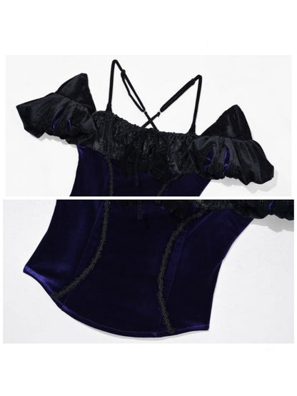 Day Of Mourning Gothic Puff Sleeves Velvet Strap Open Back Slim Top Halloween【s0000014312】