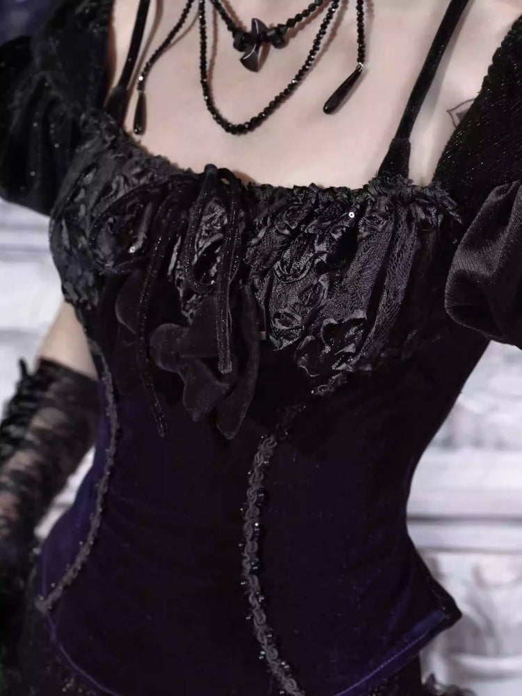 Day Of Mourning Gothic Puff Sleeves Velvet Strap Open Back Slim Top Halloween【s0000014312】