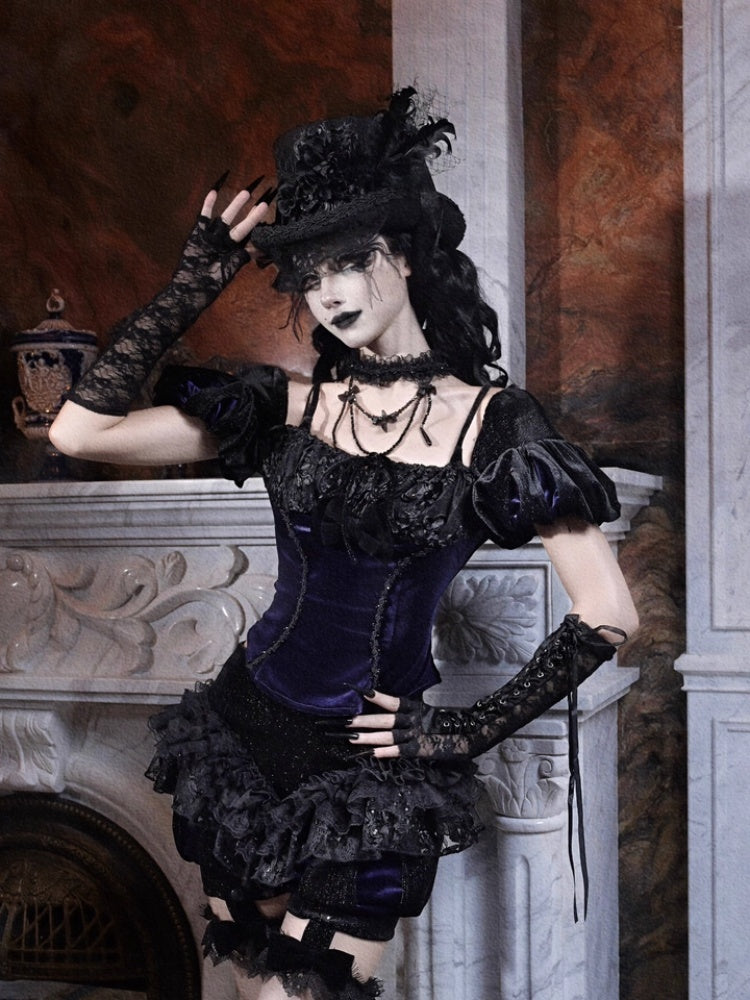 Day Of Mourning Gothic Puff Sleeves Velvet Strap Open Back Slim Top Halloween【s0000014312】