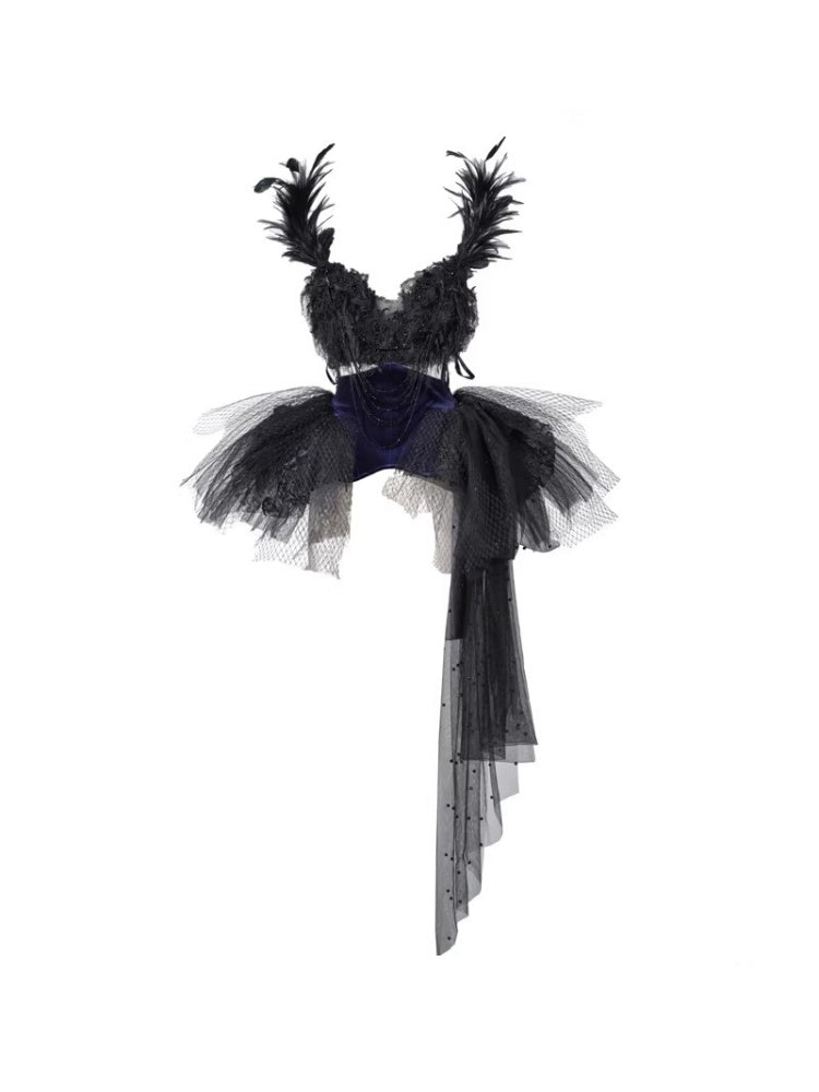 Day Of Mourning Gothic Gorgeous Glitter Diamond Feather Trailing Dress Ballet Dress Halloween【s0000014316】
