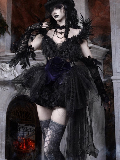 Day Of Mourning Gothic Gorgeous Glitter Diamond Feather Trailing Dress Ballet Dress Halloween【s0000014316】