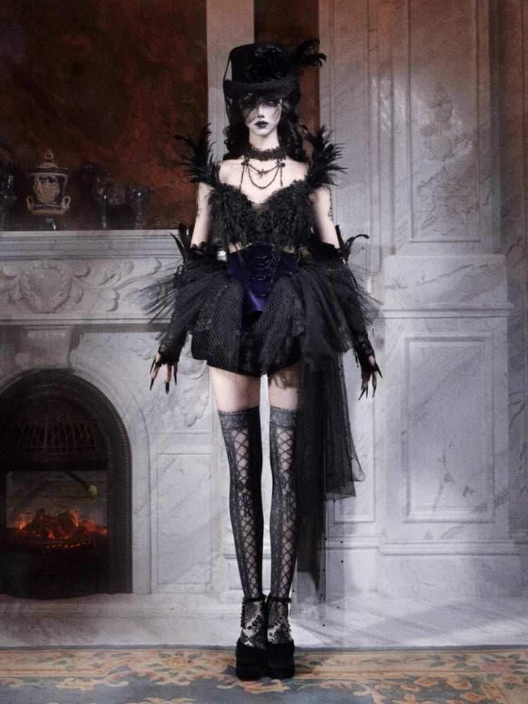 Day Of Mourning Gothic Gorgeous Glitter Diamond Feather Trailing Dress Ballet Dress Halloween【s0000014316】