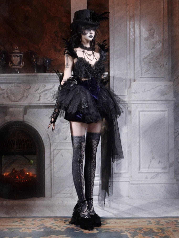 Day Of Mourning Gothic Gorgeous Glitter Diamond Feather Trailing Dress Ballet Dress Halloween【s0000014316】