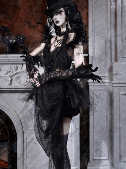 Day Of Mourning Gothic Gorgeous Glitter Diamond Feather Trailing Dress Ballet Dress Halloween【s0000014316】