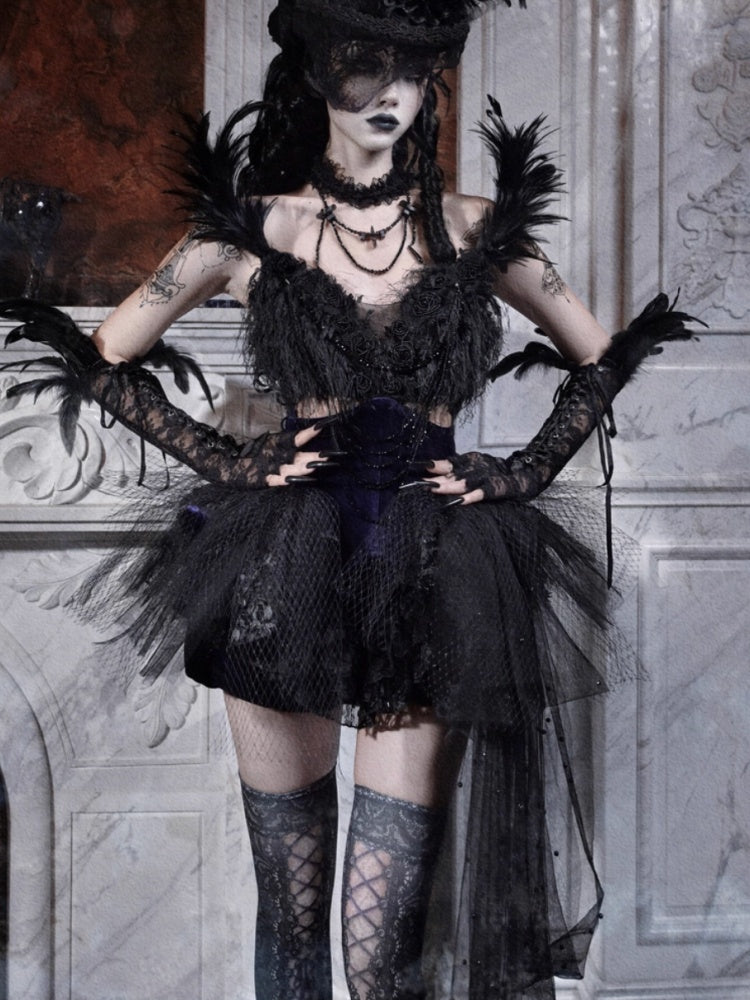 Day Of Mourning Gothic Gorgeous Glitter Diamond Feather Trailing Dress Ballet Dress Halloween【s0000014316】