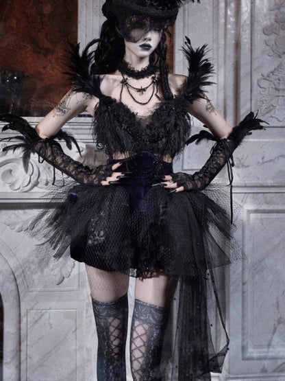 Day Of Mourning Gothic Gorgeous Glitter Diamond Feather Trailing Dress Ballet Dress Halloween【s0000014316】