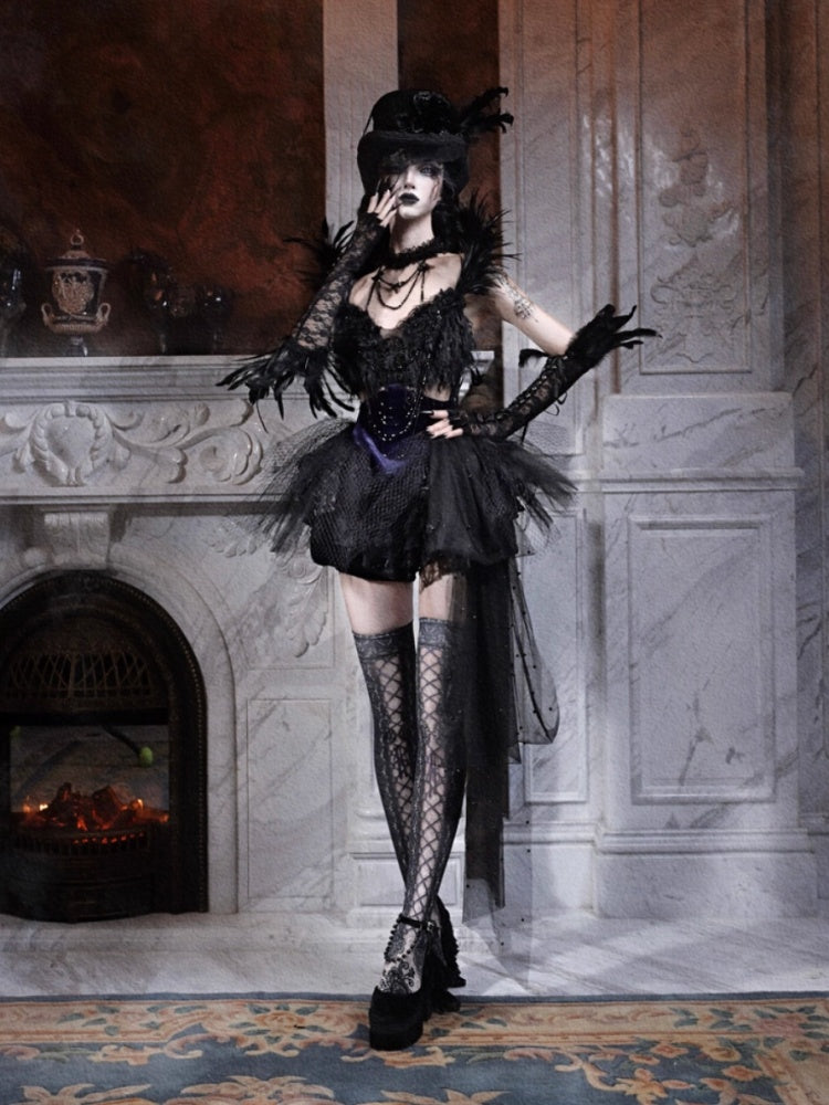 Day Of Mourning Gothic Gorgeous Glitter Diamond Feather Trailing Dress Ballet Dress Halloween【s0000014316】