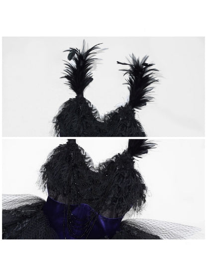 Day Of Mourning Gothic Gorgeous Glitter Diamond Feather Trailing Dress Ballet Dress Halloween【s0000014316】