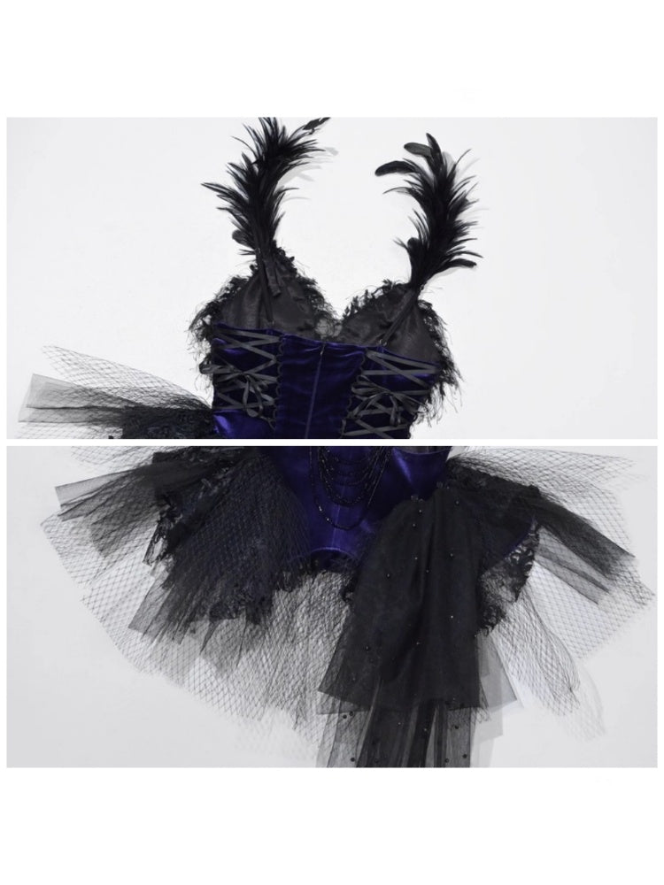 Day Of Mourning Gothic Gorgeous Glitter Diamond Feather Trailing Dress Ballet Dress Halloween【s0000014316】