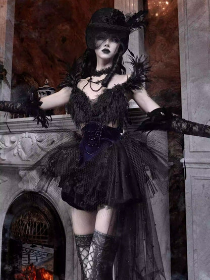 Day Of Mourning Gothic Gorgeous Glitter Diamond Feather Trailing Dress Ballet Dress Halloween【s0000014316】