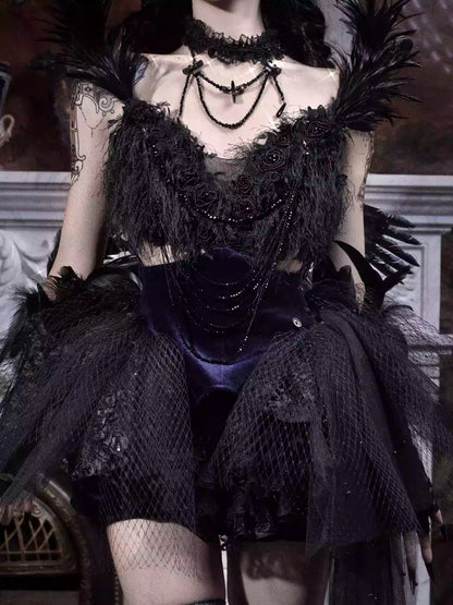 Day Of Mourning Gothic Gorgeous Glitter Diamond Feather Trailing Dress Ballet Dress Halloween【s0000014316】