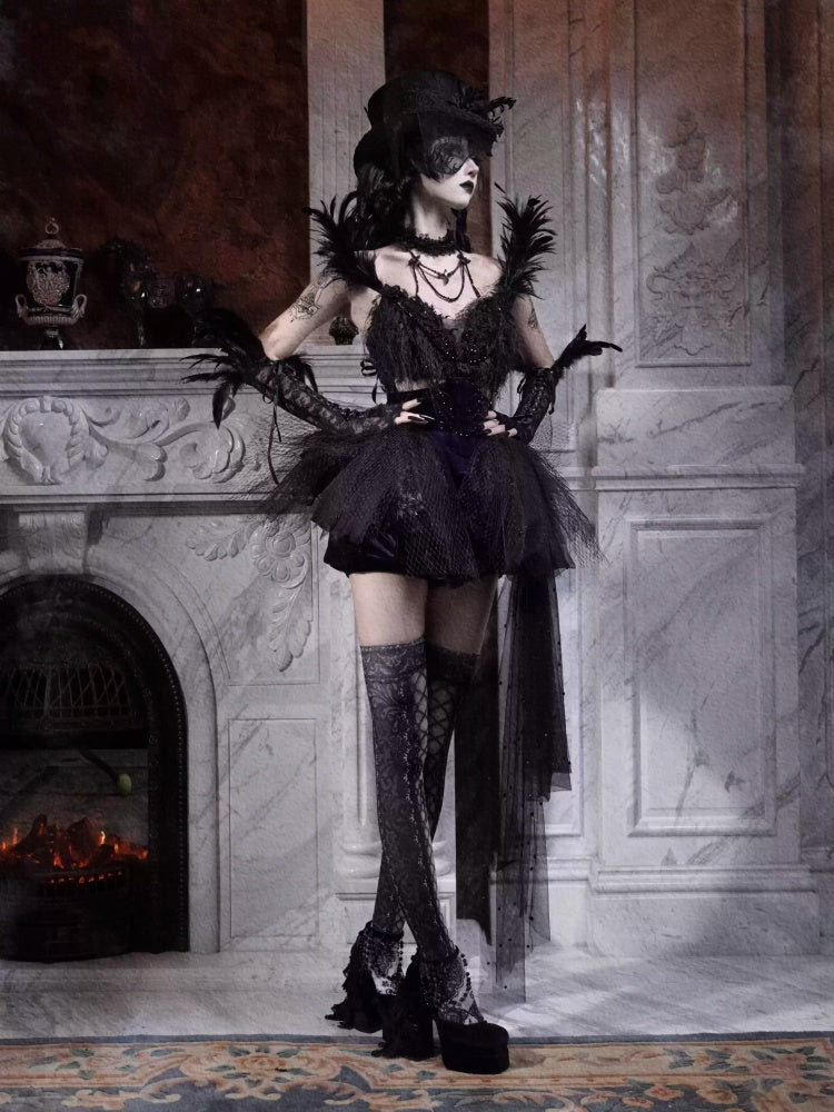 Day Of Mourning Gothic Gorgeous Glitter Diamond Feather Trailing Dress Ballet Dress Halloween【s0000014316】