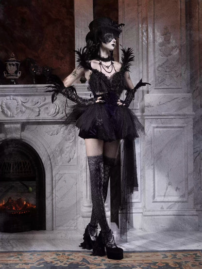 Day Of Mourning Gothic Gorgeous Glitter Diamond Feather Trailing Dress Ballet Dress Halloween【s0000014316】