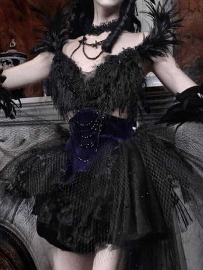 Day Of Mourning Gothic Gorgeous Glitter Diamond Feather Trailing Dress Ballet Dress Halloween【s0000014316】