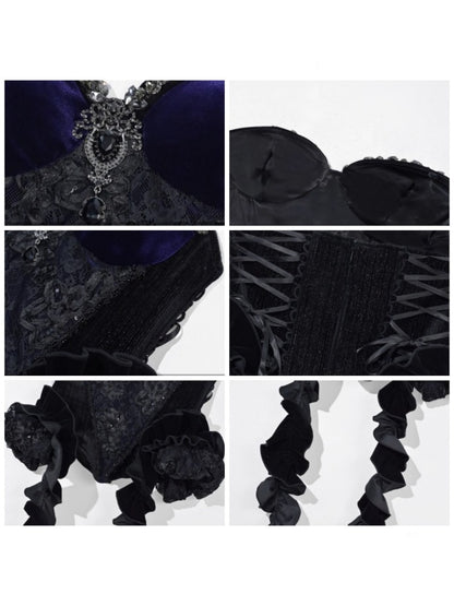 Day Of Mourning Gothic Gorgeous Sparkling Diamond Velvet Slim Dress Corset Halloween【s0000014318】
